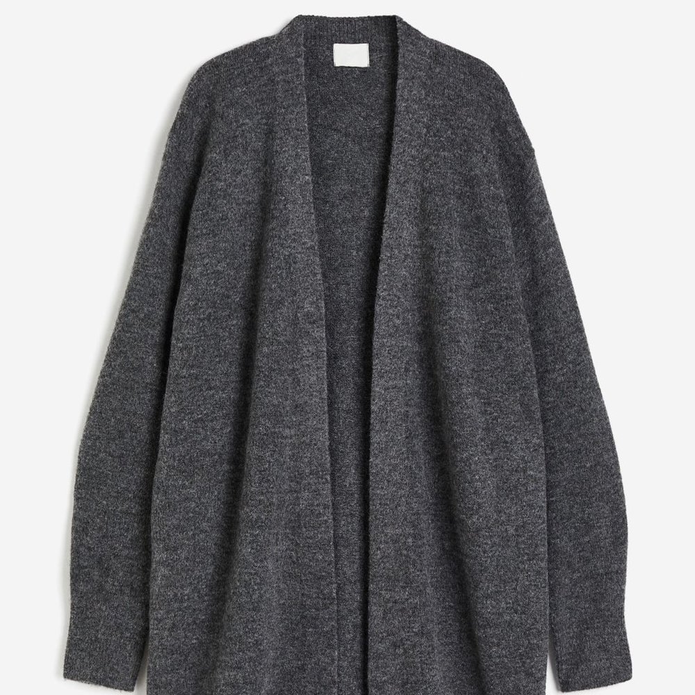 H&M Open Front Long Knit Cardigan Dark Grey Melange Wool Blend Sweater Cuffs